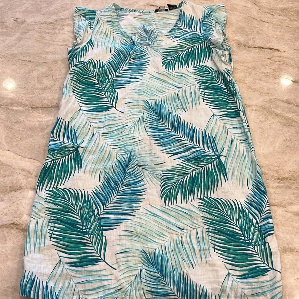 TAHARI | Linen Tropical Flutter Sleeve Shift Dress | Blue & White | Small‎